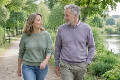 Two adults enjoying a walk together in a park